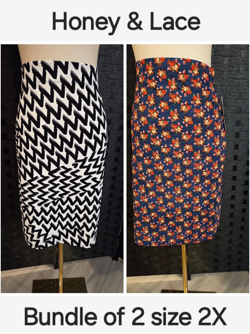 Women’s Skirt Bundle - Black/White Chevron + Navy Floral - Size 2X